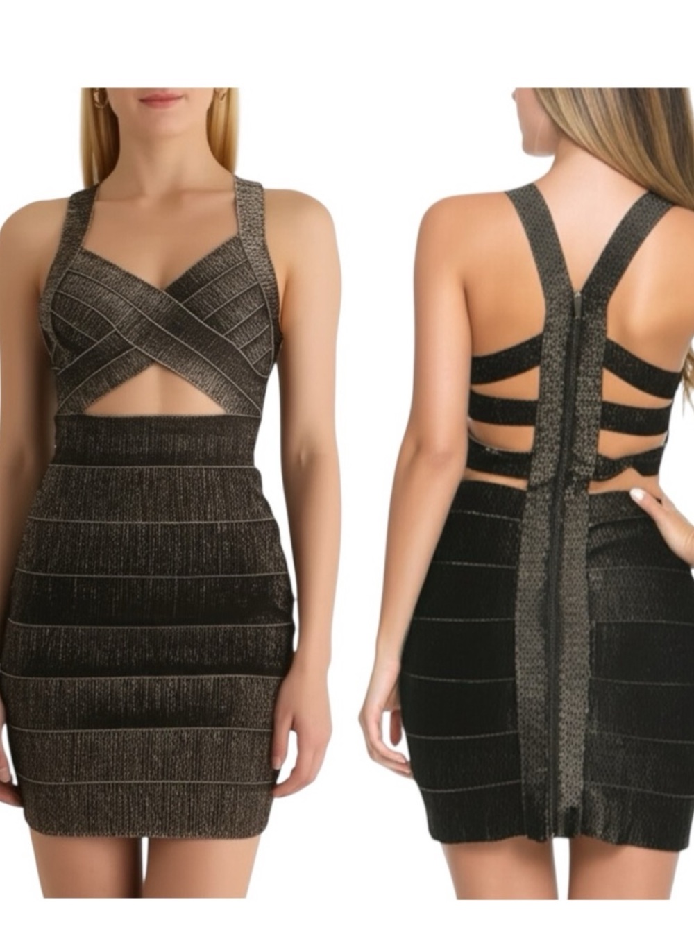 Y2K WOW Couture Bandage Metallic Cut Out Strappy Mini Dress Gold Black Cocktail